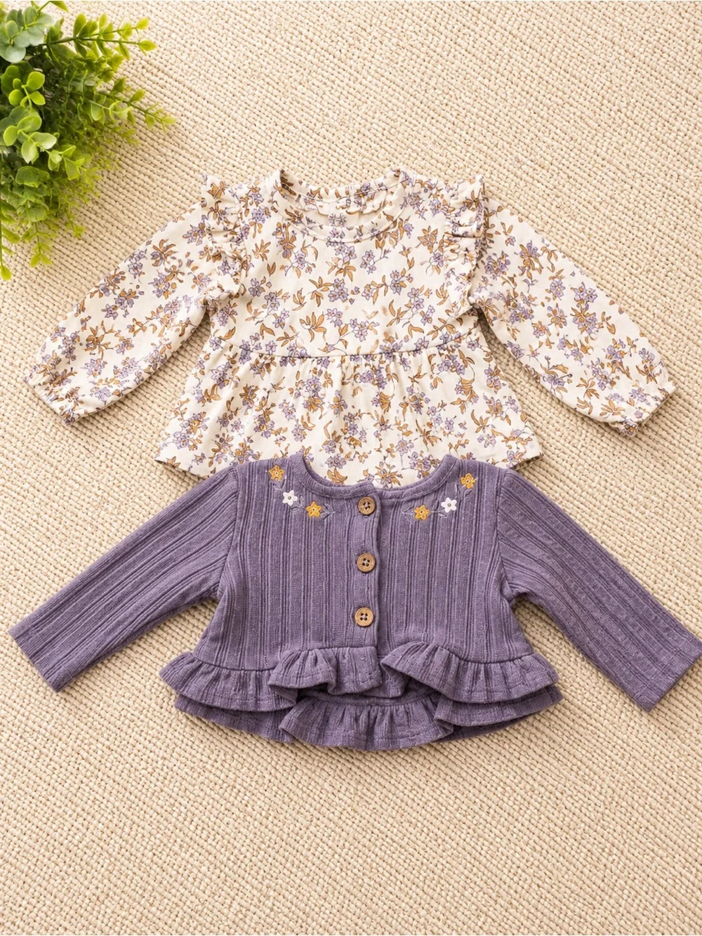 Baby Floral Cream Top & Purple Ruffle Cardigan Set